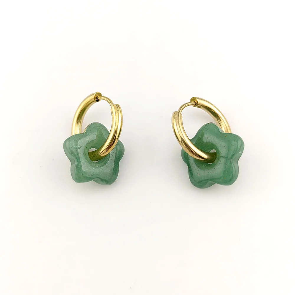 HUIDANG Stainless Steel Hoop Earrings With Stones Ohrringe Natural Flower Green Stone Earrings Woman Trending Pendientes