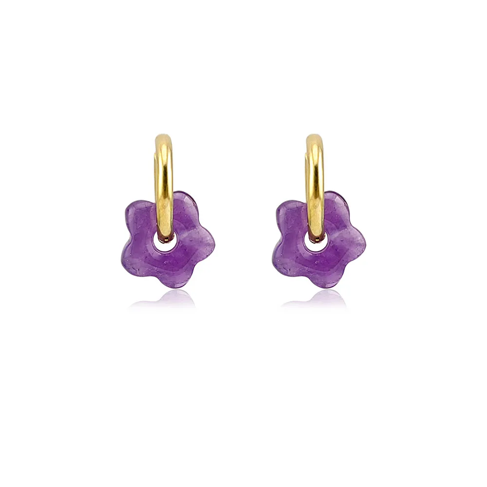 HUIDANG Stainless Steel Hoop Earrings With Stones Ohrringe Natural Flower Green Stone Earrings Woman Trending Pendientes