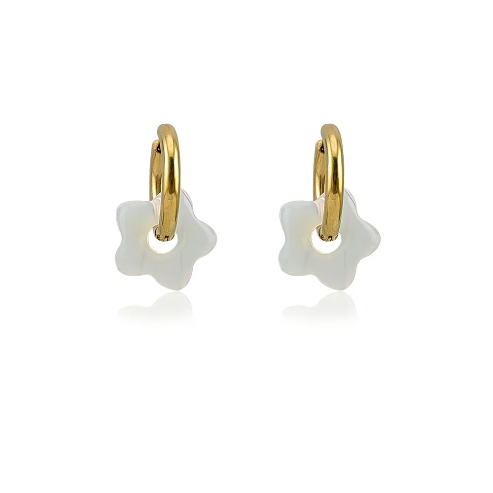 HUIDANG Stainless Steel Hoop Earrings With Stones Ohrringe Natural Flower Green Stone Earrings Woman Trending Pendientes