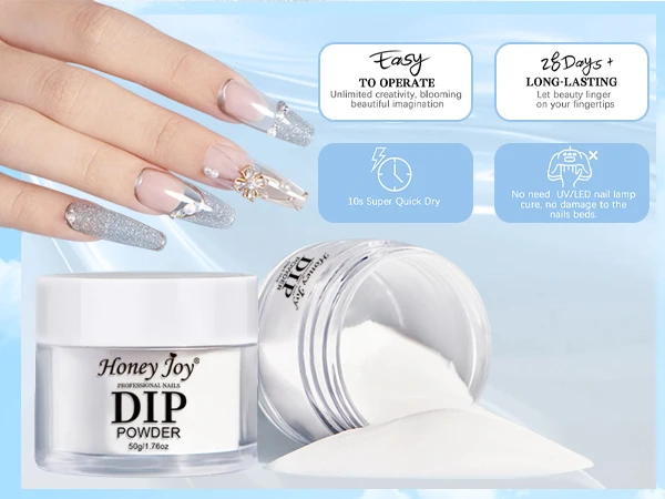 Honey Joy 50g Dipping Nail Powder Pink Clear Nude Dip Powder Nature Dry Without Lamp Cure for French Nail Art DIY Salon Effect
