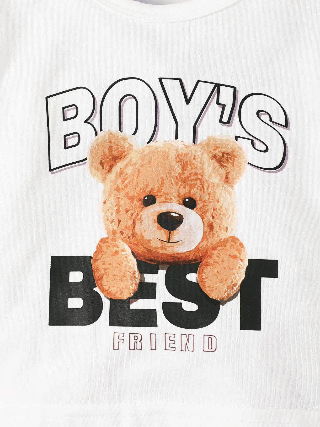 Two Piece Set of Cute Letter Small Bear Printed Khaki Short-Sleeved Round-Neck T-Shirt and Blue Denim Shorts for Baby Boys
