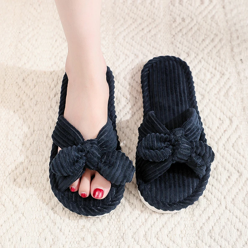 Women's Bow Flat Heel Slippers Home Non-slip Open-toe Breathable Slippers for All Season ladies Bedroom Fashion Soft Sole Slides