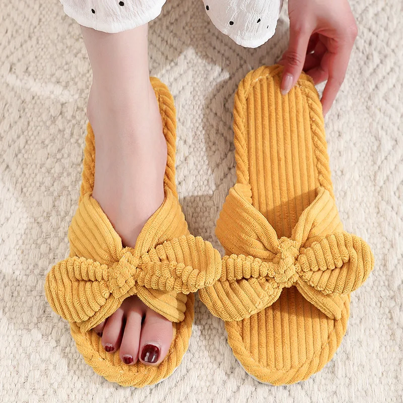 Women's Bow Flat Heel Slippers Home Non-slip Open-toe Breathable Slippers for All Season ladies Bedroom Fashion Soft Sole Slides