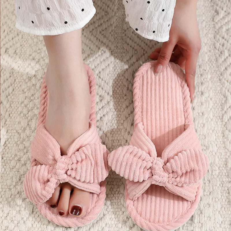 Women's Bow Flat Heel Slippers Home Non-slip Open-toe Breathable Slippers for All Season ladies Bedroom Fashion Soft Sole Slides