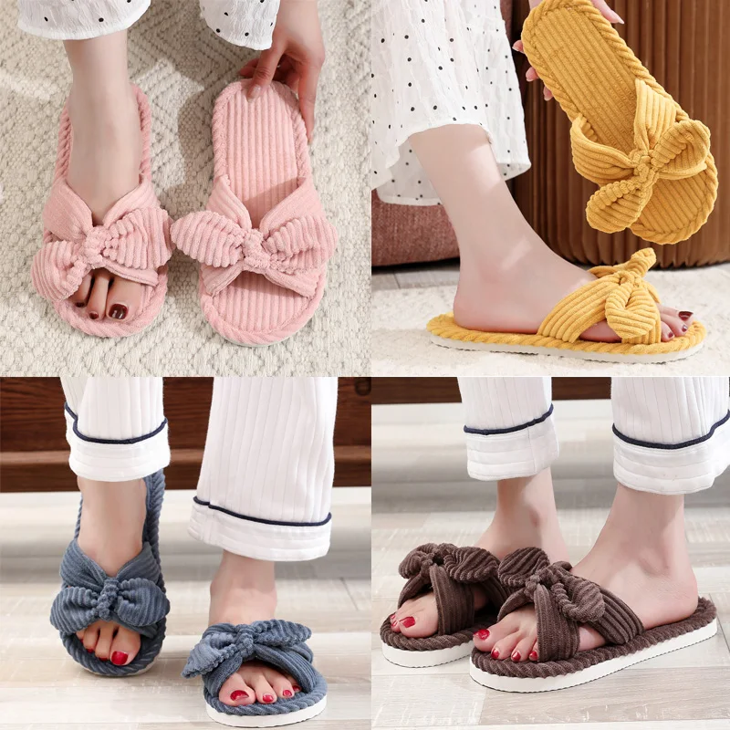 Women's Bow Flat Heel Slippers Home Non-slip Open-toe Breathable Slippers for All Season ladies Bedroom Fashion Soft Sole Slides