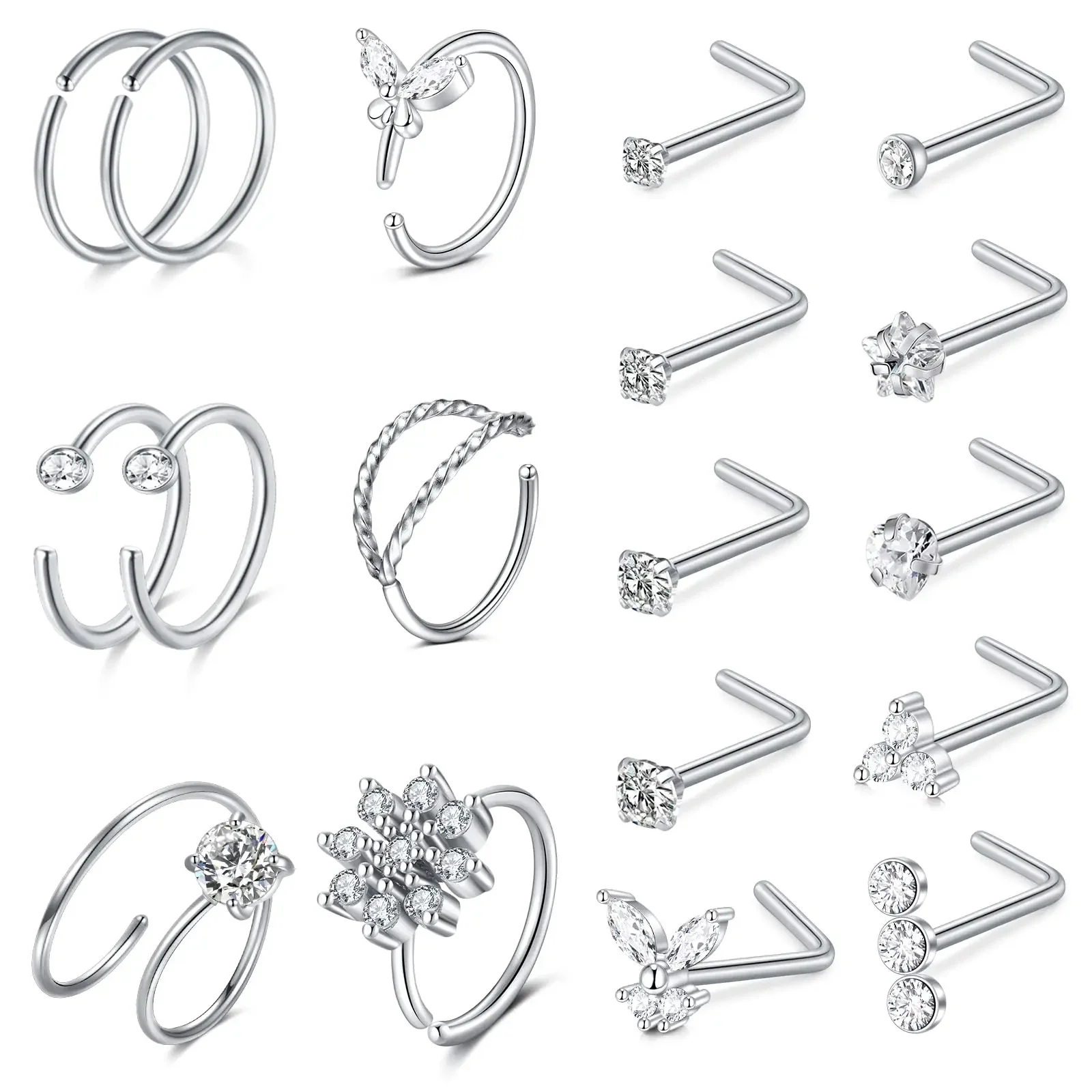 18Pcs Small Open Nose Rings Love Heart Pendant Nose Stud L Shaped Butterfly Flower Stainless Steel Spiral Nose Piercing Jewelry