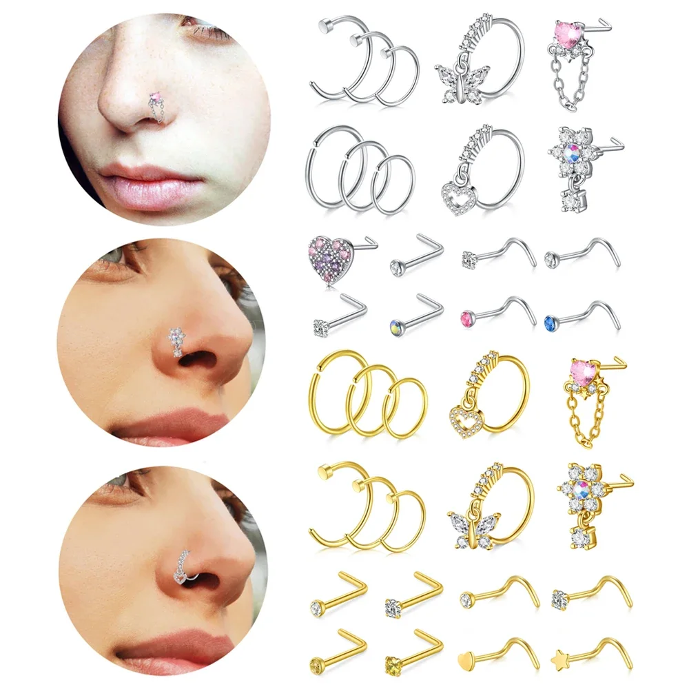 18Pcs Small Open Nose Rings Love Heart Pendant Nose Stud L Shaped Butterfly Flower Stainless Steel Spiral Nose Piercing Jewelry