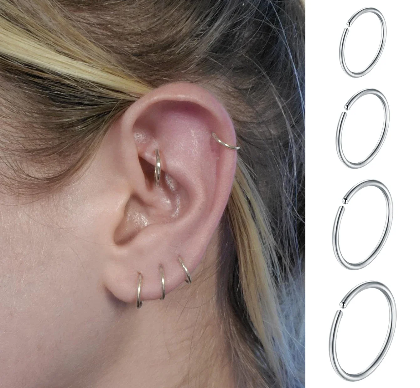 18Pcs Small Open Nose Rings Love Heart Pendant Nose Stud L Shaped Butterfly Flower Stainless Steel Spiral Nose Piercing Jewelry