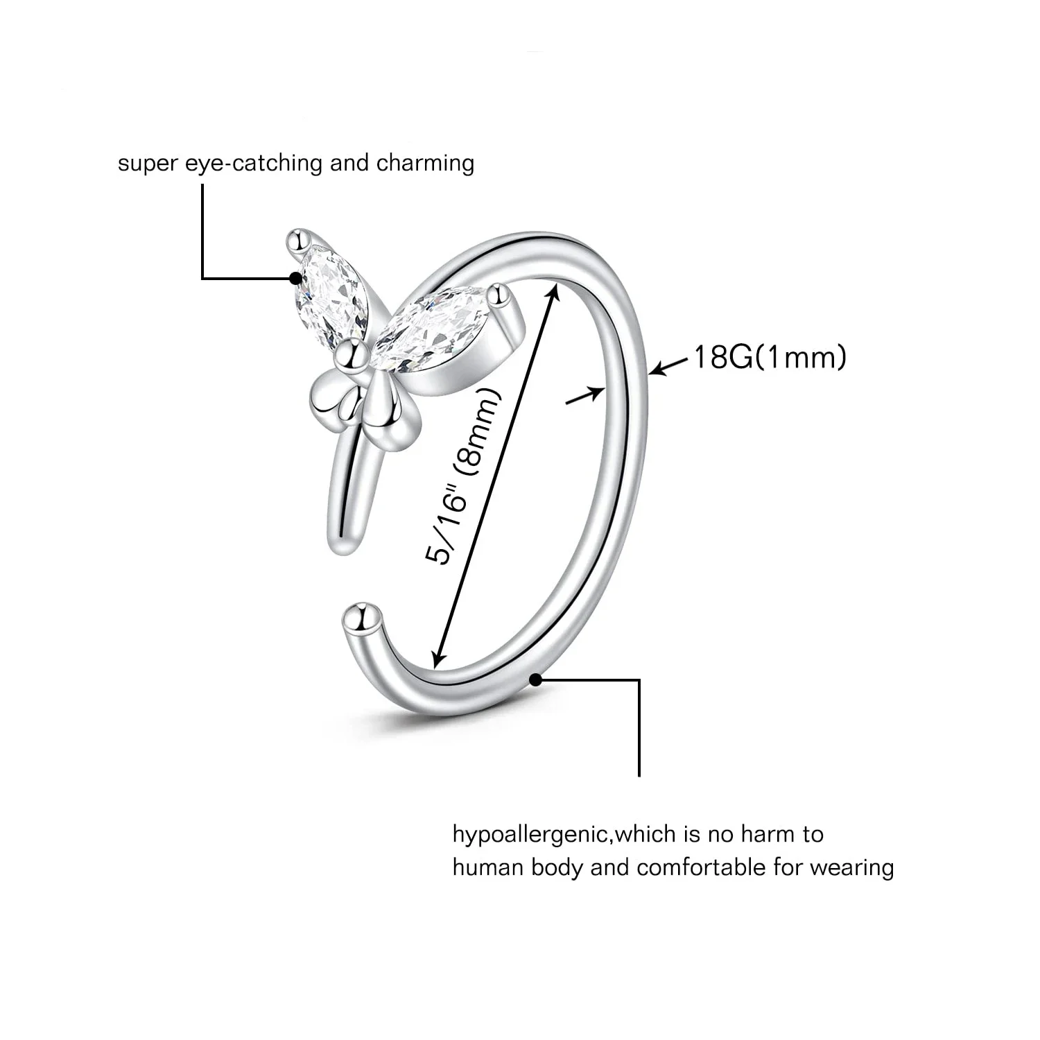 18Pcs Small Open Nose Rings Love Heart Pendant Nose Stud L Shaped Butterfly Flower Stainless Steel Spiral Nose Piercing Jewelry