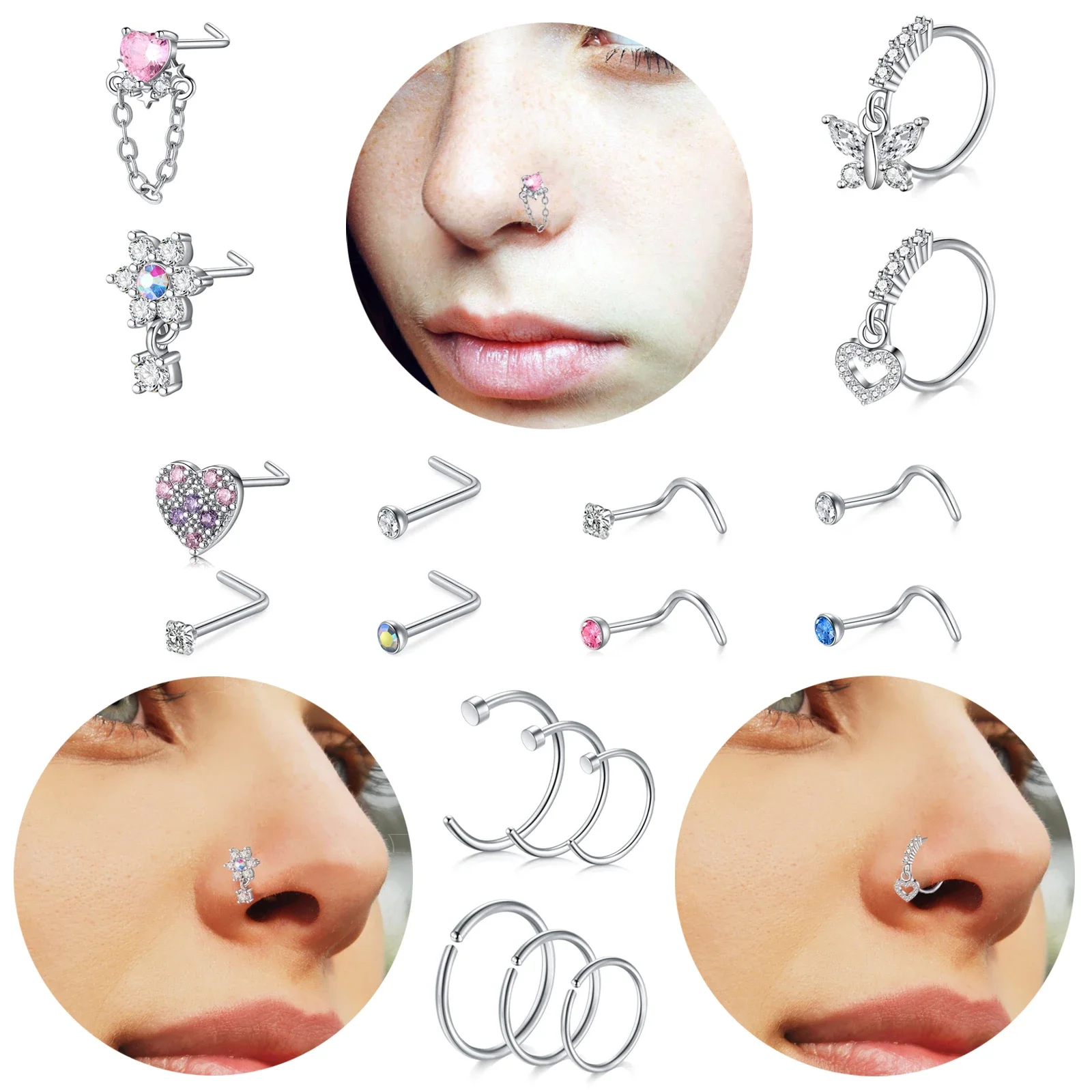 18Pcs Small Open Nose Rings Love Heart Pendant Nose Stud L Shaped Butterfly Flower Stainless Steel Spiral Nose Piercing Jewelry