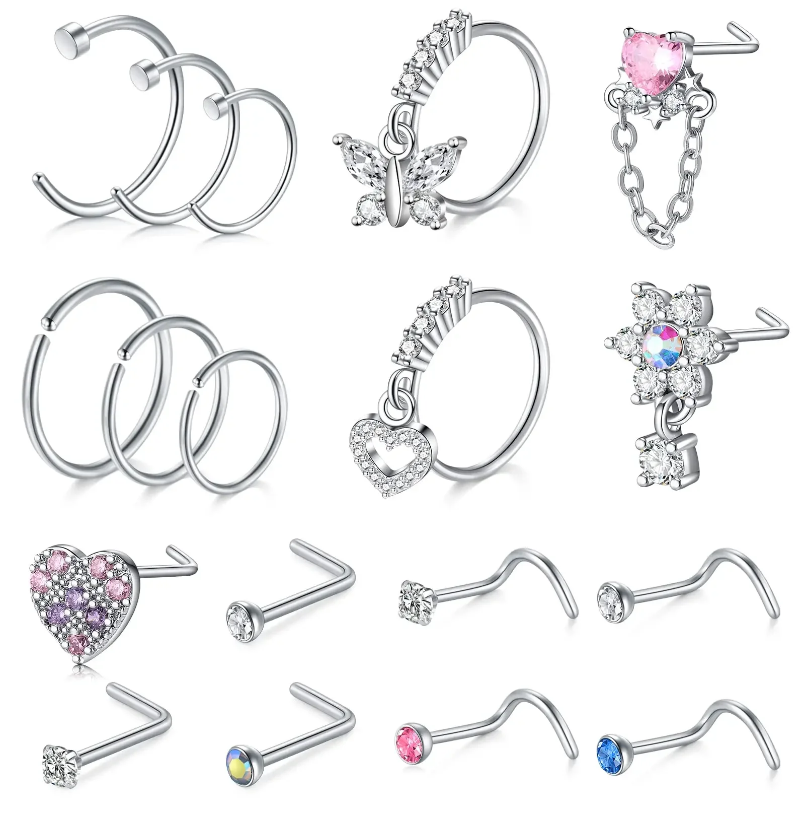 18Pcs Small Open Nose Rings Love Heart Pendant Nose Stud L Shaped Butterfly Flower Stainless Steel Spiral Nose Piercing Jewelry