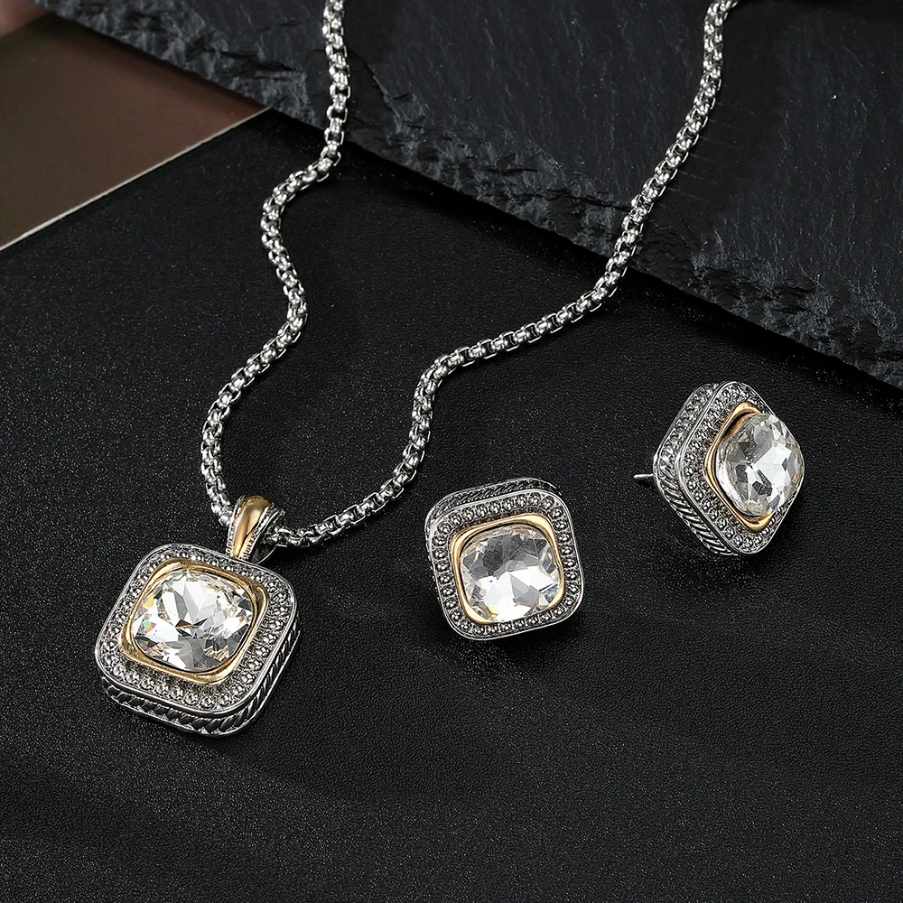 Zircon Necklace Set Geometric Square Pendant Earrings Copper Plated 18K Gold Jewelry Set