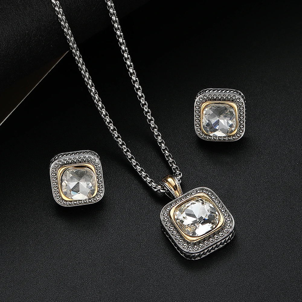 Zircon Necklace Set Geometric Square Pendant Earrings Copper Plated 18K Gold Jewelry Set
