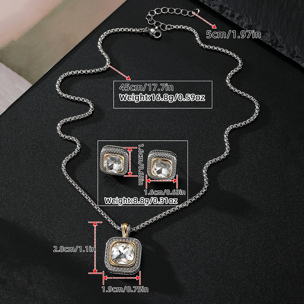 Zircon Necklace Set Geometric Square Pendant Earrings Copper Plated 18K Gold Jewelry Set