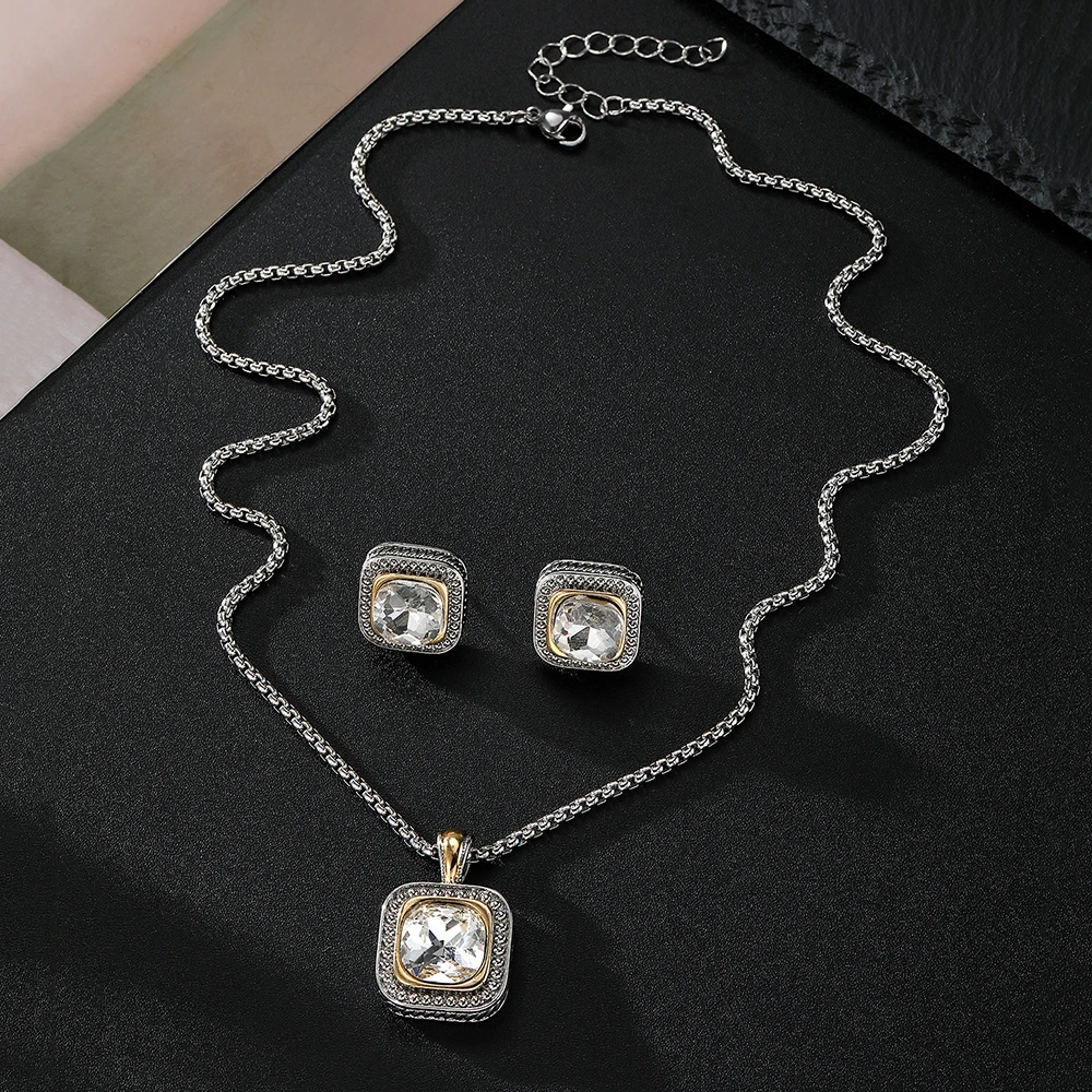 Zircon Necklace Set Geometric Square Pendant Earrings Copper Plated 18K Gold Jewelry Set