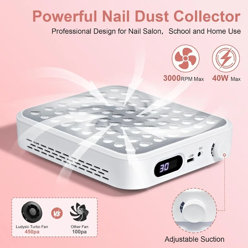 Nail Dust Collector with Reusable Filter, Powerful Vacuum Fan with Disposable Filter Dust Collector for Acetate Fiber Nails, Colored Gel Nails, Nail Salons, White, Pink
