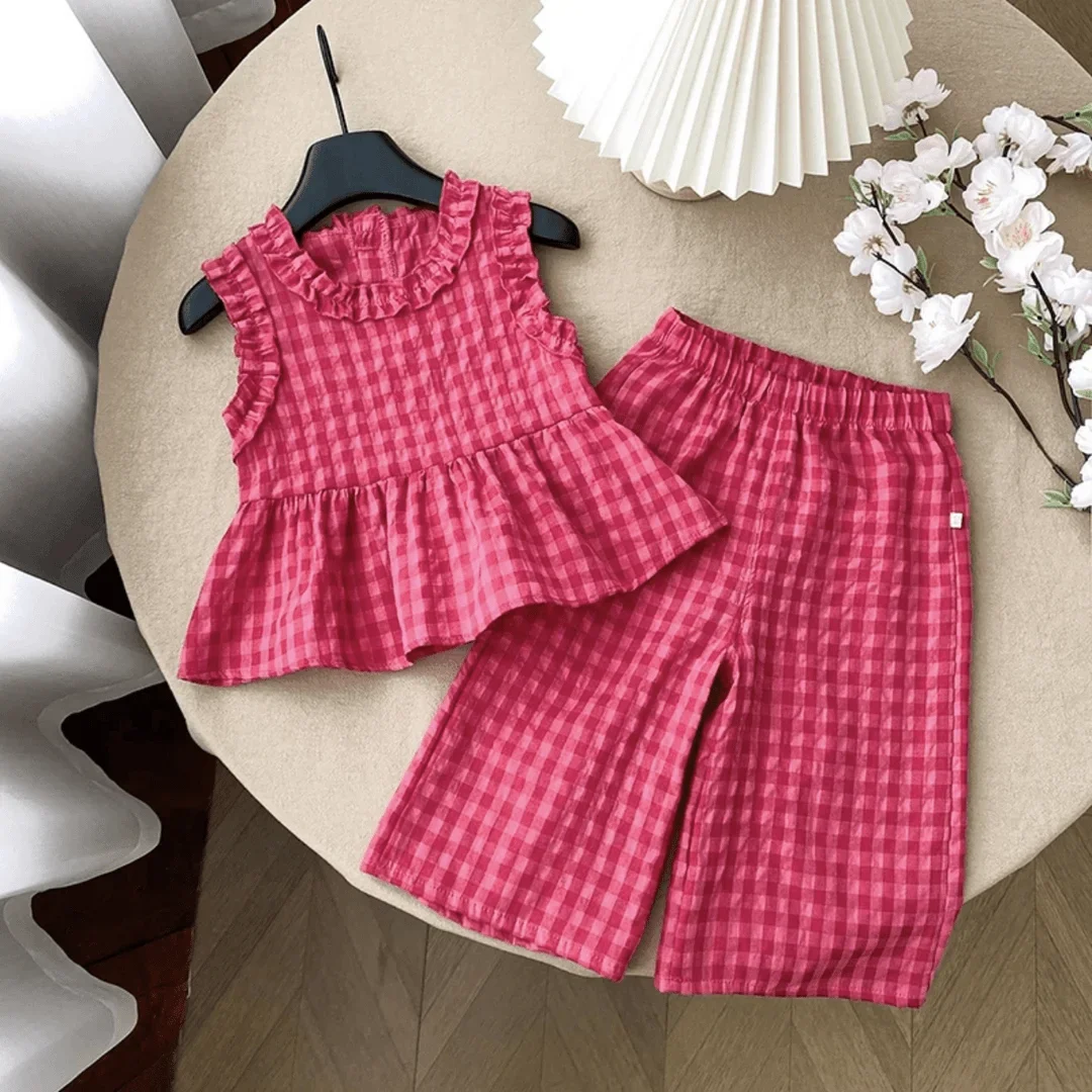 Children's Clothing Sets Retro Plaid Sleeveless Shirt +Flared Palazzo Pants 2pcs Sets Kids Boutique Clothes Baby Girl Outfit Set