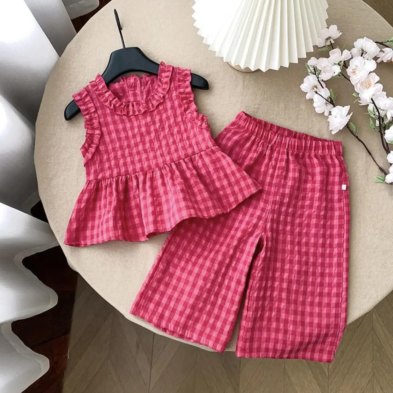 Children's Clothing Sets Retro Plaid Sleeveless Shirt +Flared Palazzo Pants 2pcs Sets Kids Boutique Clothes Baby Girl Outfit Set