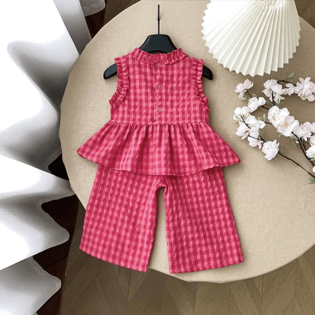 Children's Clothing Sets Retro Plaid Sleeveless Shirt +Flared Palazzo Pants 2pcs Sets Kids Boutique Clothes Baby Girl Outfit Set