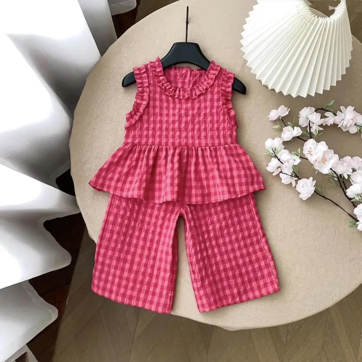 Children's Clothing Sets Retro Plaid Sleeveless Shirt +Flared Palazzo Pants 2pcs Sets Kids Boutique Clothes Baby Girl Outfit Set