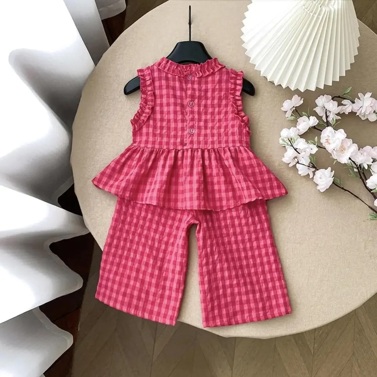Children's Clothing Sets Retro Plaid Sleeveless Shirt +Flared Palazzo Pants 2pcs Sets Kids Boutique Clothes Baby Girl Outfit Set