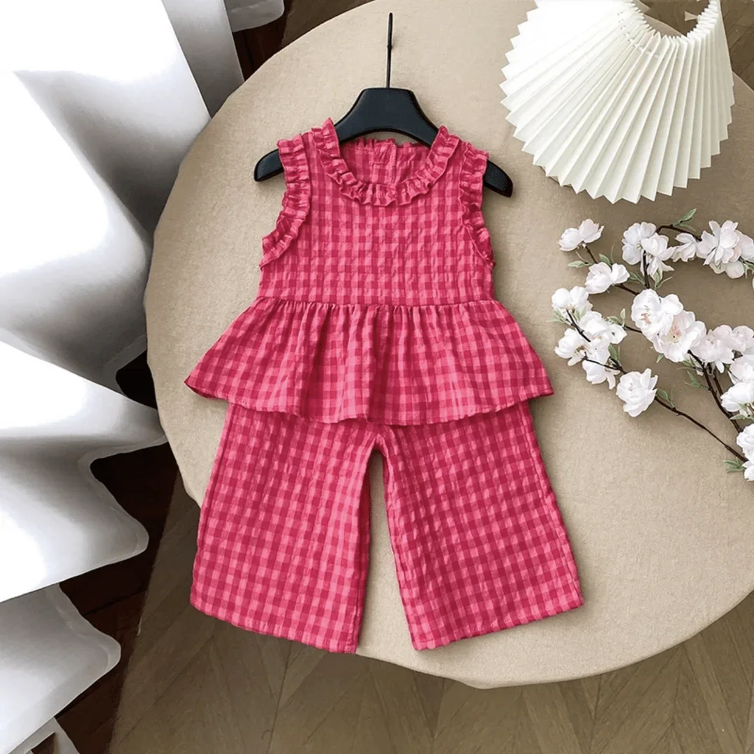Children's Clothing Sets Retro Plaid Sleeveless Shirt +Flared Palazzo Pants 2pcs Sets Kids Boutique Clothes Baby Girl Outfit Set