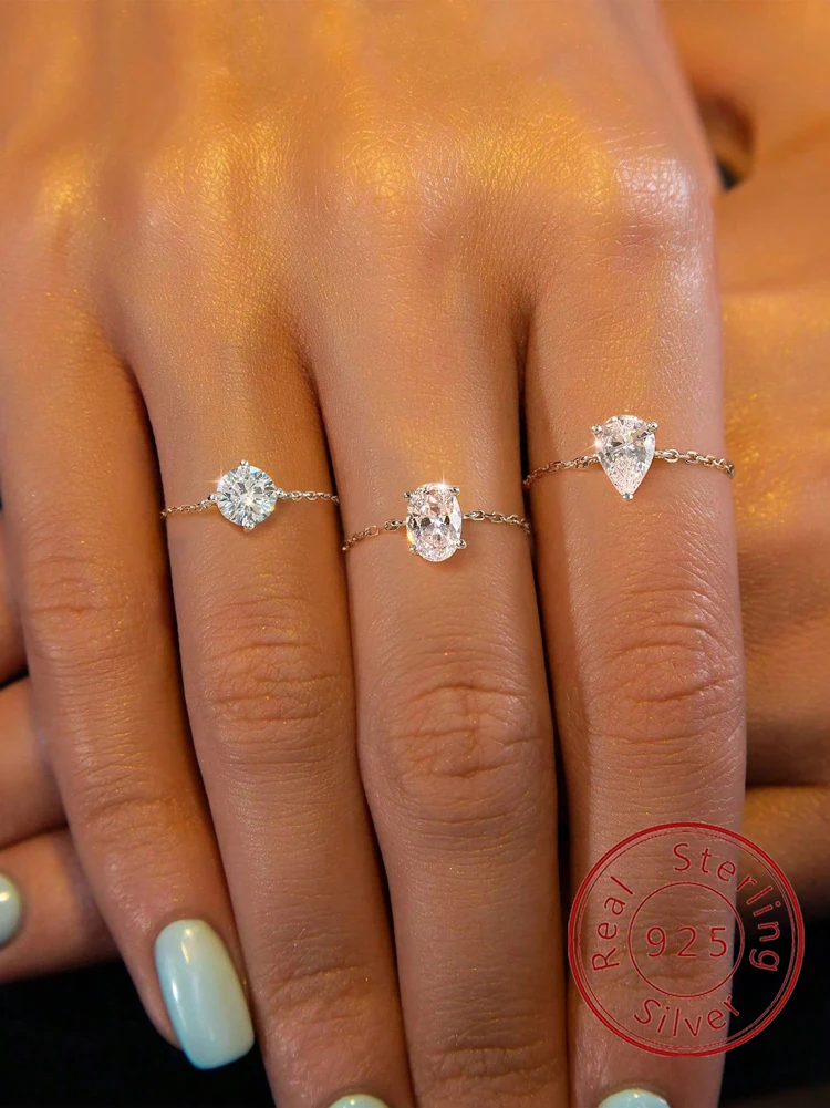 925 Sterling Silver Round Oval Water Drop Shape Zircon Chain Adjustable Ring For Women Anniversary Hight Quality Fine Jewelry
