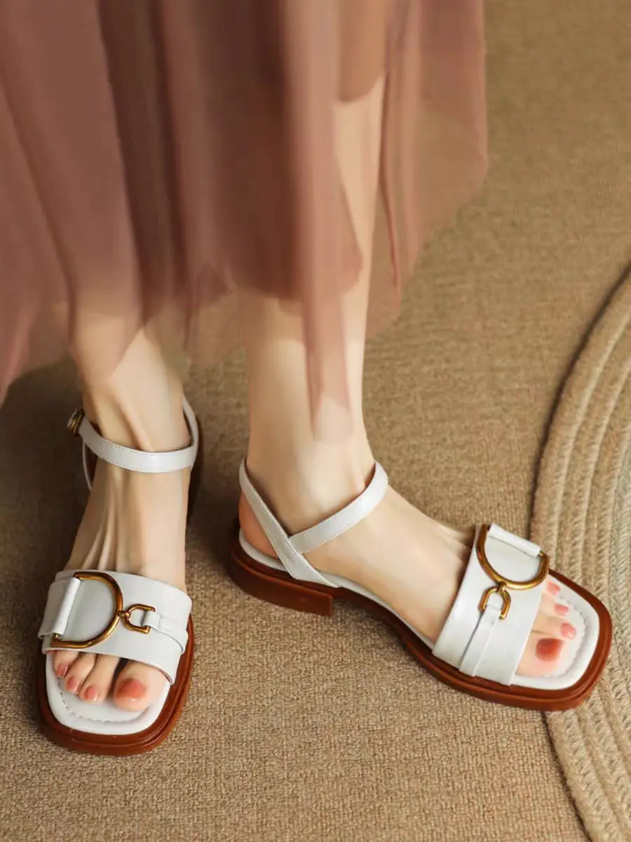 Summer Soft Leather Retro Fashion Sandals Women's Open Toe Single Strap Low Heel Shoes Metal Buckle Roman Shoes 2025
