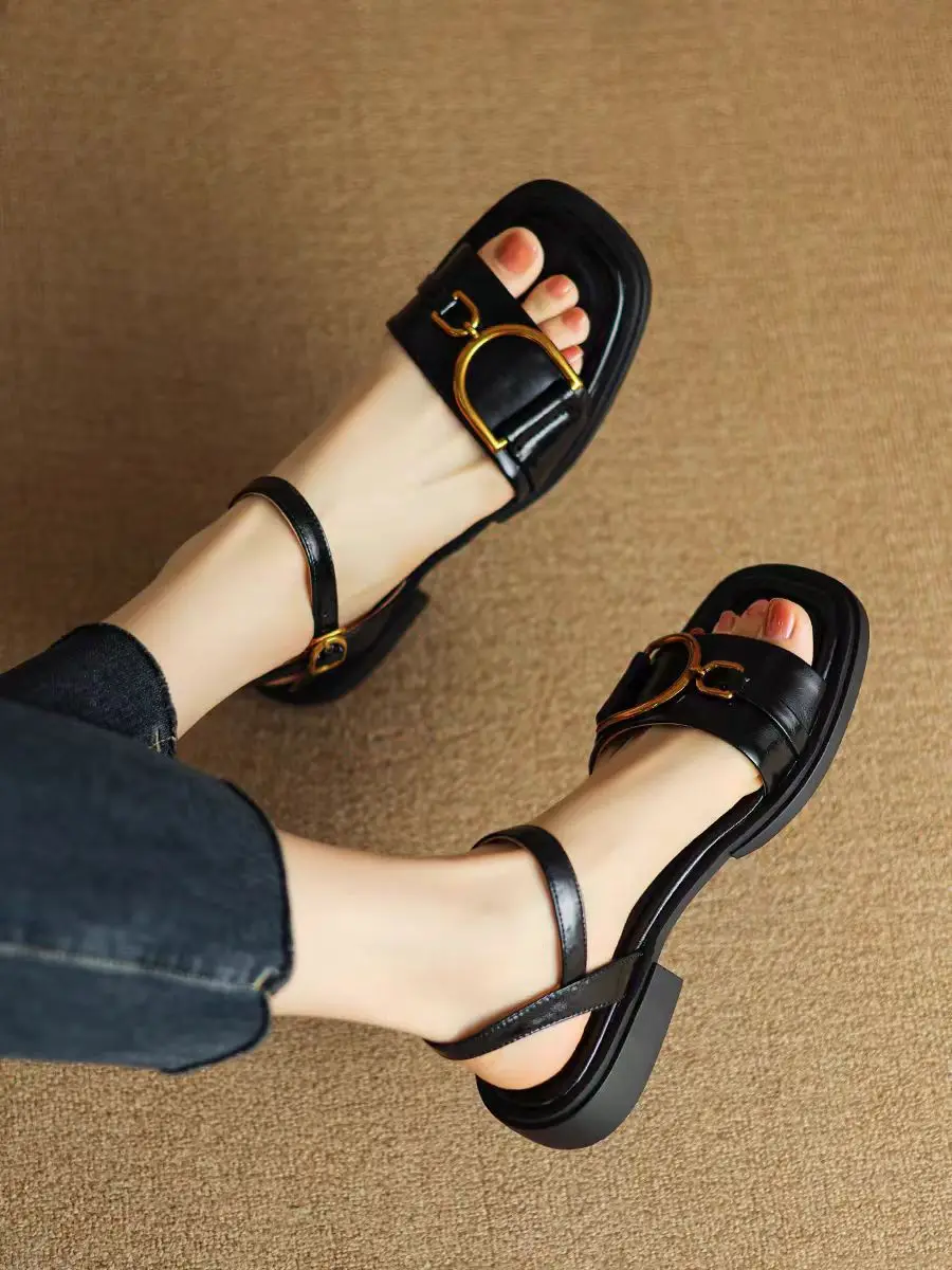 Summer Soft Leather Retro Fashion Sandals Women's Open Toe Single Strap Low Heel Shoes Metal Buckle Roman Shoes 2025