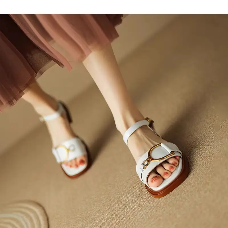Summer Soft Leather Retro Fashion Sandals Women's Open Toe Single Strap Low Heel Shoes Metal Buckle Roman Shoes 2025