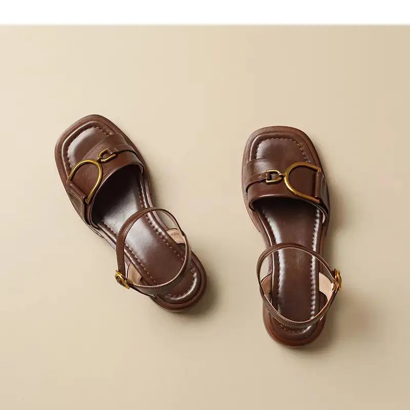 Summer Soft Leather Retro Fashion Sandals Women's Open Toe Single Strap Low Heel Shoes Metal Buckle Roman Shoes 2025