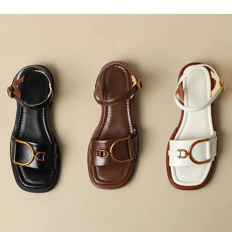 Summer Soft Leather Retro Fashion Sandals Women's Open Toe Single Strap Low Heel Shoes Metal Buckle Roman Shoes 2025