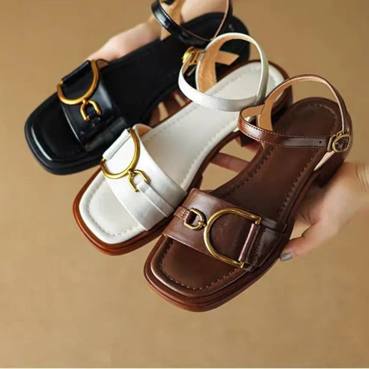 Summer Soft Leather Retro Fashion Sandals Women's Open Toe Single Strap Low Heel Shoes Metal Buckle Roman Shoes 2025