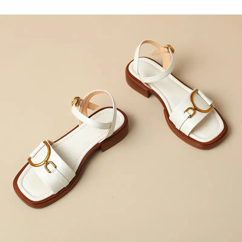 Summer Soft Leather Retro Fashion Sandals Women's Open Toe Single Strap Low Heel Shoes Metal Buckle Roman Shoes 2025