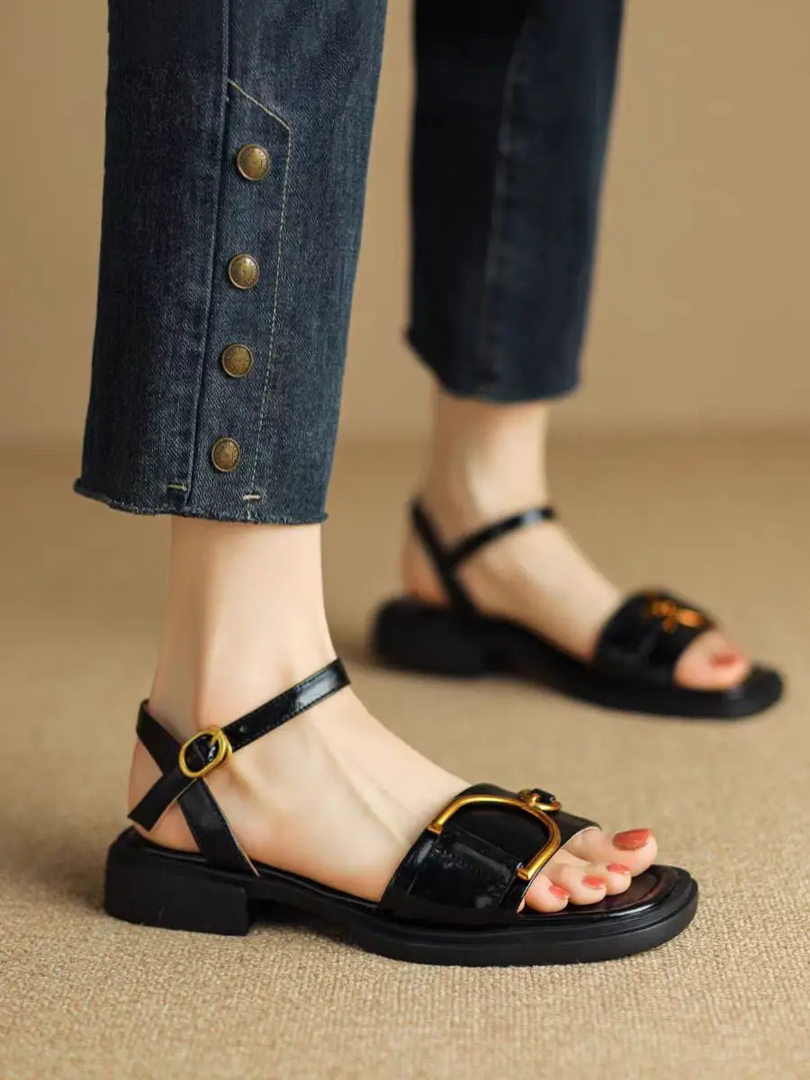 Summer Soft Leather Retro Fashion Sandals Women's Open Toe Single Strap Low Heel Shoes Metal Buckle Roman Shoes 2025