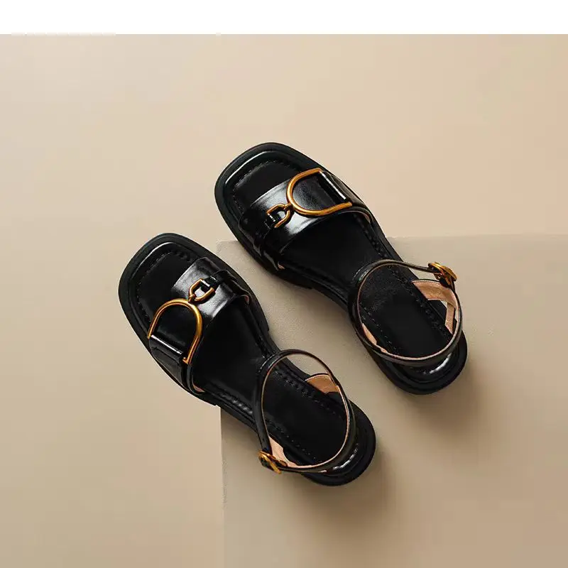 Summer Soft Leather Retro Fashion Sandals Women's Open Toe Single Strap Low Heel Shoes Metal Buckle Roman Shoes 2025