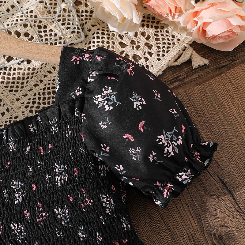 Kids Dress For Girls Red Polka Dot Square-Cut Collar Short Sleeve Elastic-Waist Shirred Patchwork 8-12 Years Summer Sweet Style