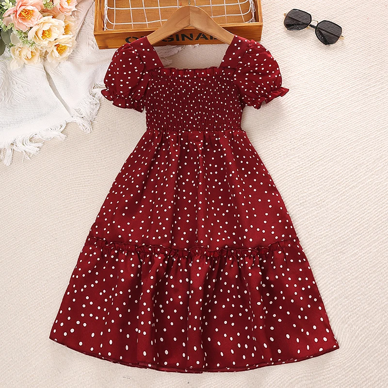 Kids Dress For Girls Red Polka Dot Square-Cut Collar Short Sleeve Elastic-Waist Shirred Patchwork 8-12 Years Summer Sweet Style