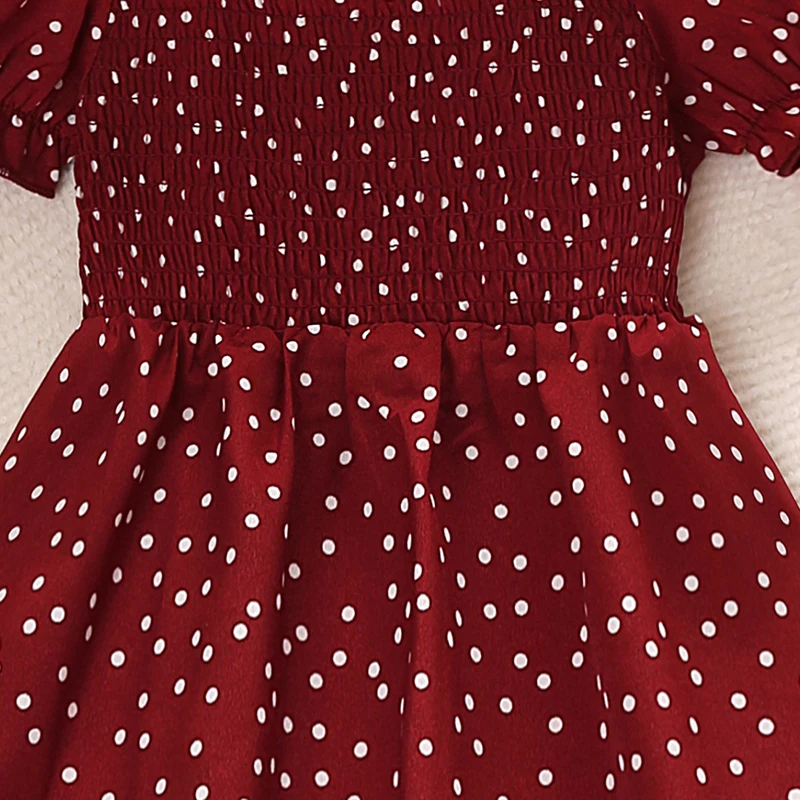 Kids Dress For Girls Red Polka Dot Square-Cut Collar Short Sleeve Elastic-Waist Shirred Patchwork 8-12 Years Summer Sweet Style