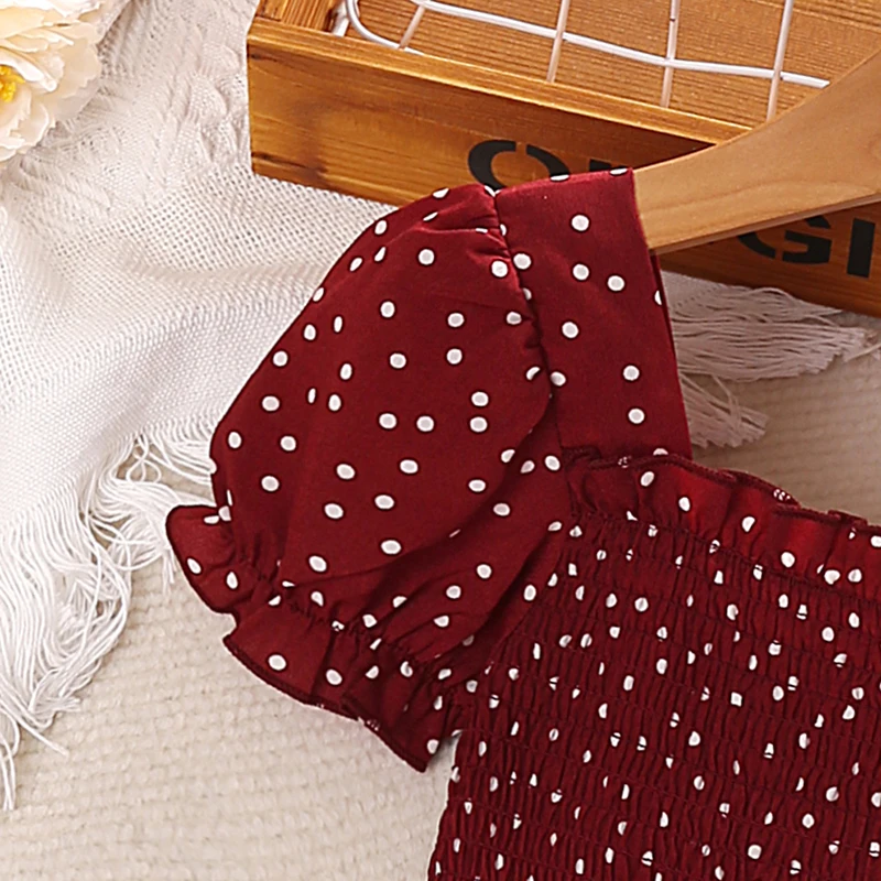 Kids Dress For Girls Red Polka Dot Square-Cut Collar Short Sleeve Elastic-Waist Shirred Patchwork 8-12 Years Summer Sweet Style