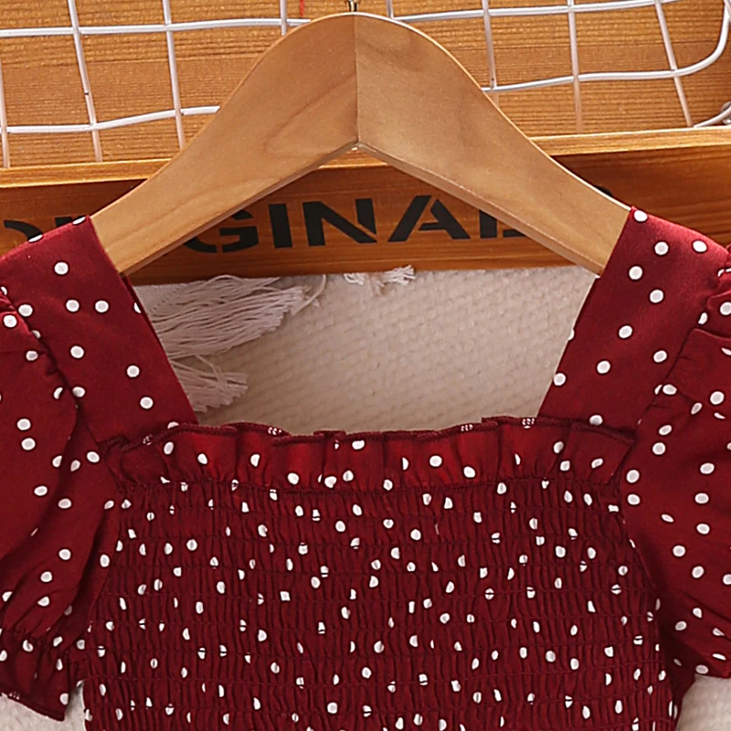 Kids Dress For Girls Red Polka Dot Square-Cut Collar Short Sleeve Elastic-Waist Shirred Patchwork 8-12 Years Summer Sweet Style