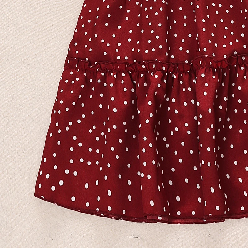 Kids Dress For Girls Red Polka Dot Square-Cut Collar Short Sleeve Elastic-Waist Shirred Patchwork 8-12 Years Summer Sweet Style