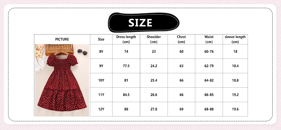 Kids Dress For Girls Red Polka Dot Square-Cut Collar Short Sleeve Elastic-Waist Shirred Patchwork 8-12 Years Summer Sweet Style
