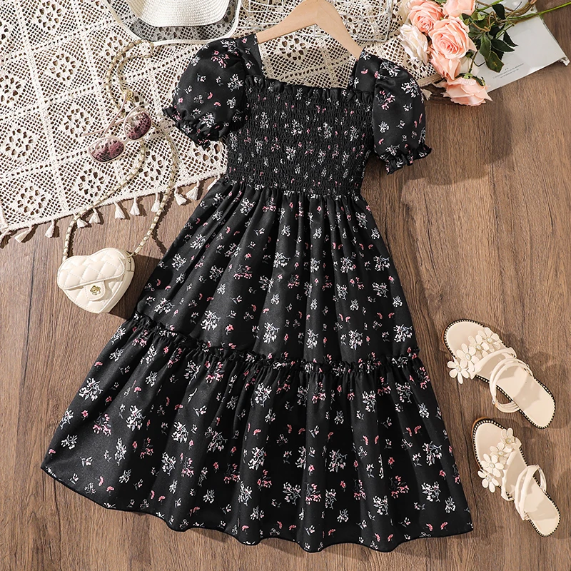 Kids Dress For Girls Red Polka Dot Square-Cut Collar Short Sleeve Elastic-Waist Shirred Patchwork 8-12 Years Summer Sweet Style