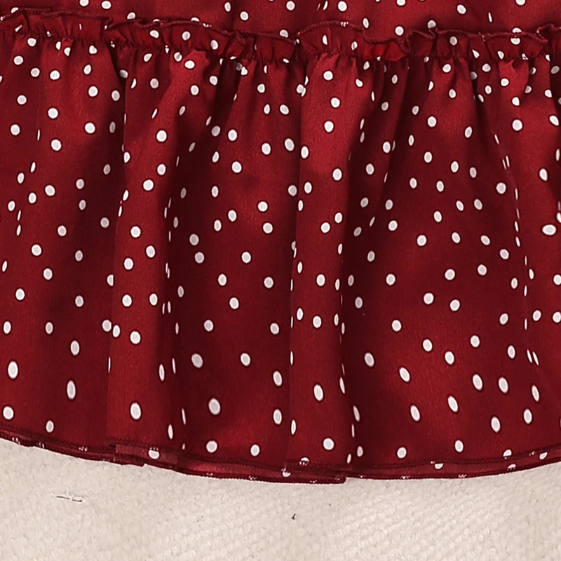 Kids Dress For Girls Red Polka Dot Square-Cut Collar Short Sleeve Elastic-Waist Shirred Patchwork 8-12 Years Summer Sweet Style
