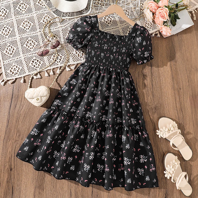 Kids Dress For Girls Red Polka Dot Square-Cut Collar Short Sleeve Elastic-Waist Shirred Patchwork 8-12 Years Summer Sweet Style