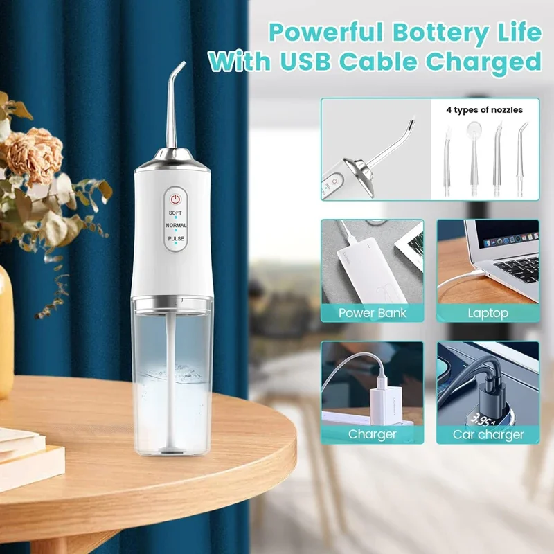 Portable Cordless Water Flosser for Teeth Cleaning 3 Modes Rechargeable Oral Irrigator Machine with Water Drill Mouth Washing