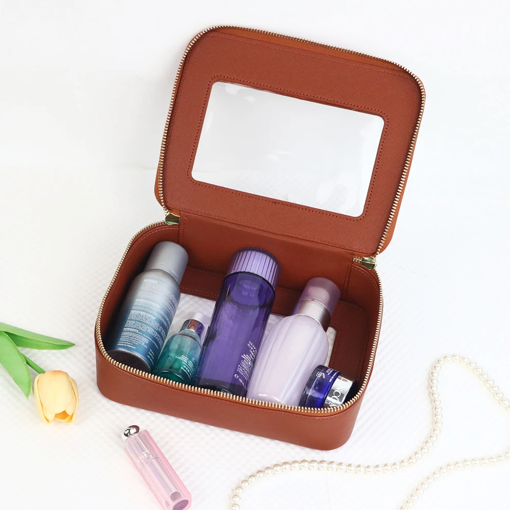 Customized Name Leather Makeup Bag, Waterproof Makeup Brush Storage Bag, Portable Transparent PVC TPU Storage Bag