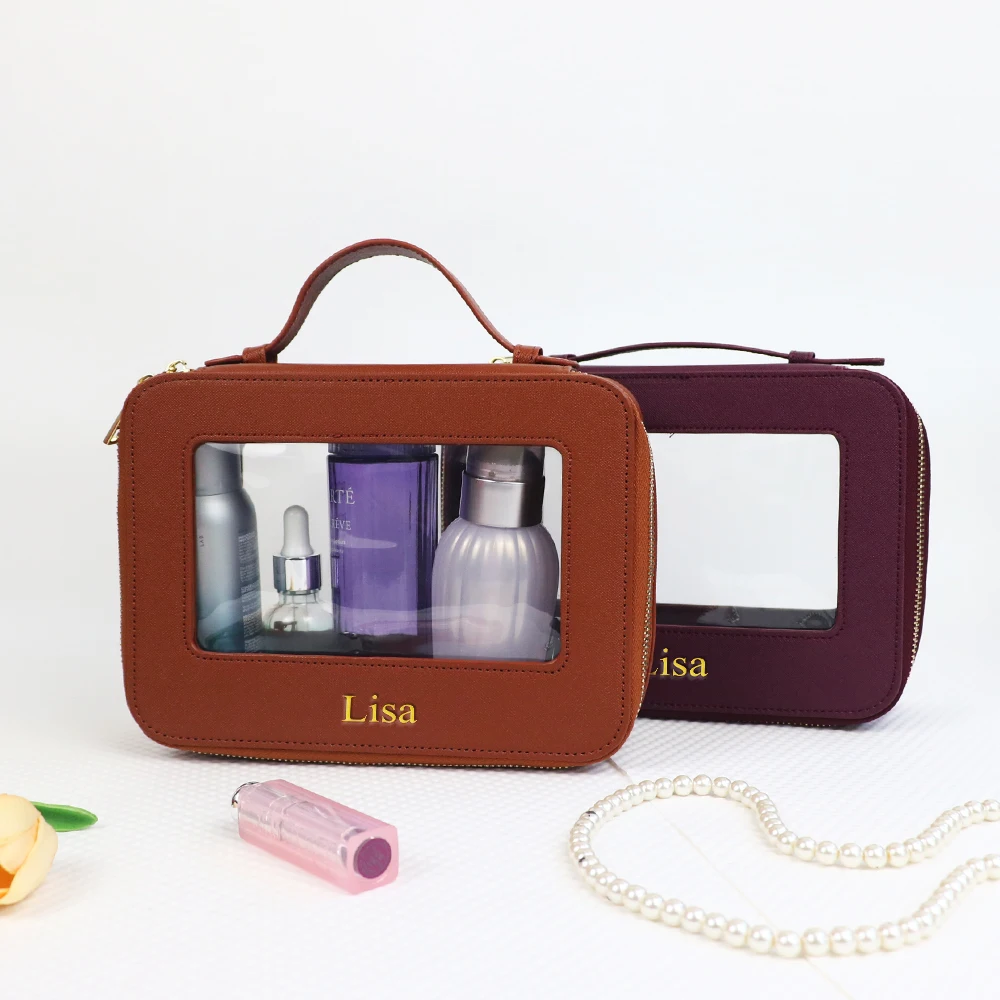 Customized Name Leather Makeup Bag, Waterproof Makeup Brush Storage Bag, Portable Transparent PVC TPU Storage Bag