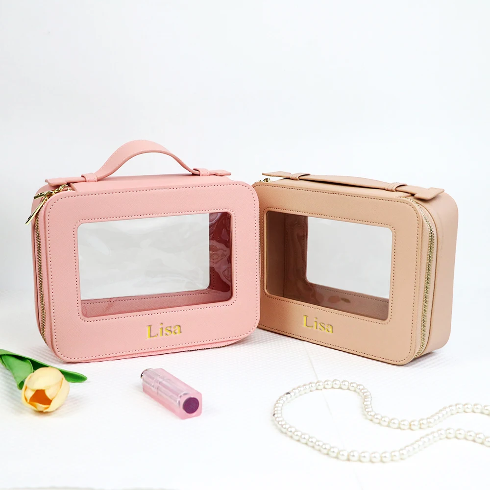 Customized Name Leather Makeup Bag, Waterproof Makeup Brush Storage Bag, Portable Transparent PVC TPU Storage Bag